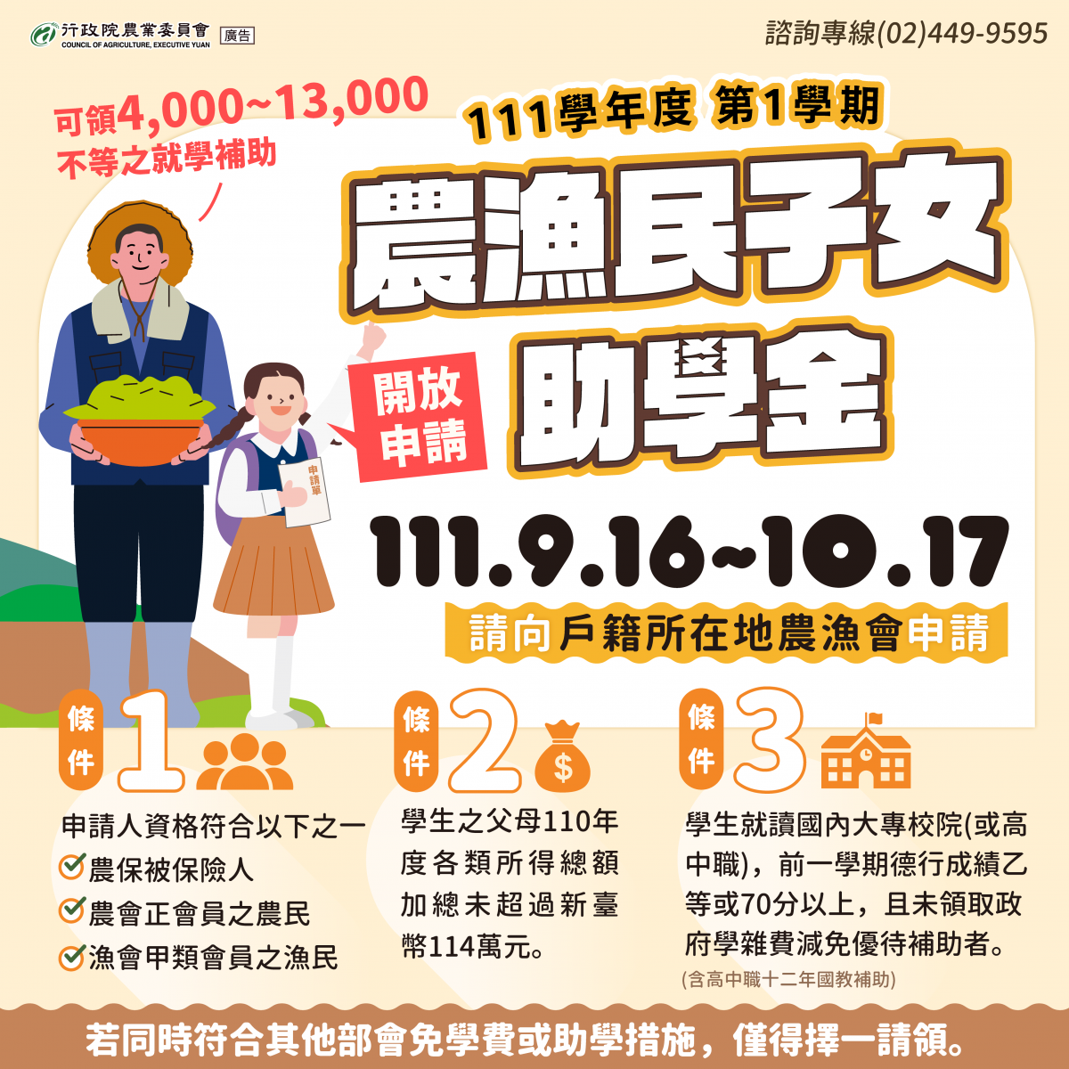 農漁民子女助學金9月16日開始受理