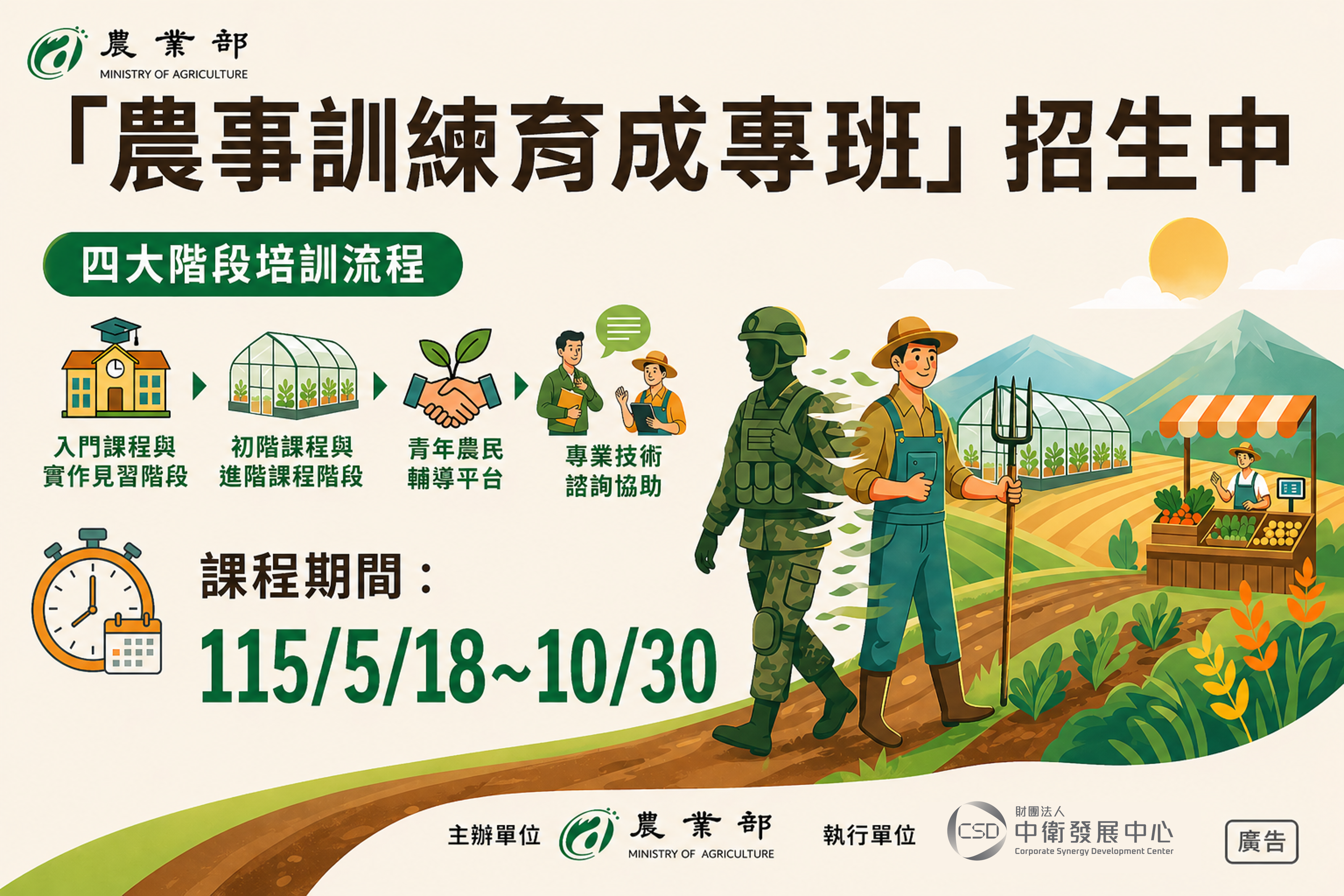 115年國軍屆退官兵退前職訓農事訓練育成專班招生